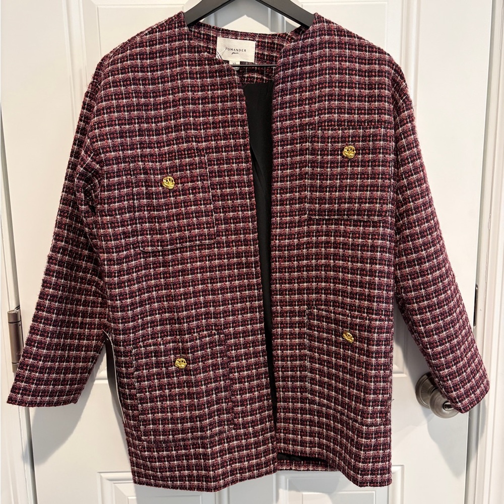 Pomander Place Gigi Plum Multi Tweed Jacket NWT XS Preppy Gold Button Blazer